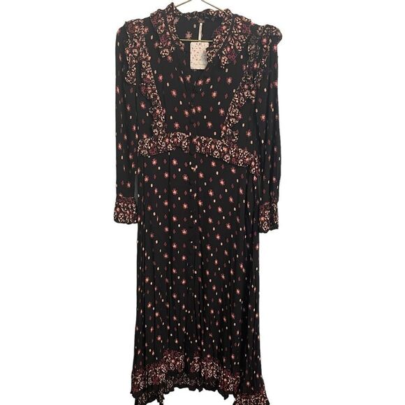 Free People Calico Skies Black Combo Midi Dress Button Front Size XS NEW - Picture 2 of 10